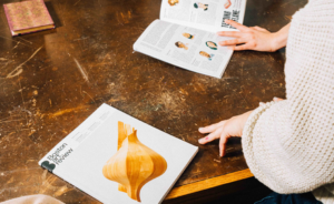 A person sits at a wooden table, reading an open magazine. Another magazine titled Boston Review, featuring a large onion illustration on the cover, rests nearby. Only the persons hands and forearms are visible.
