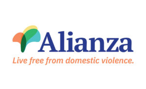 Alianza logo with abstract shapes and the tagline Live free from domestic violence in orange text below the name.