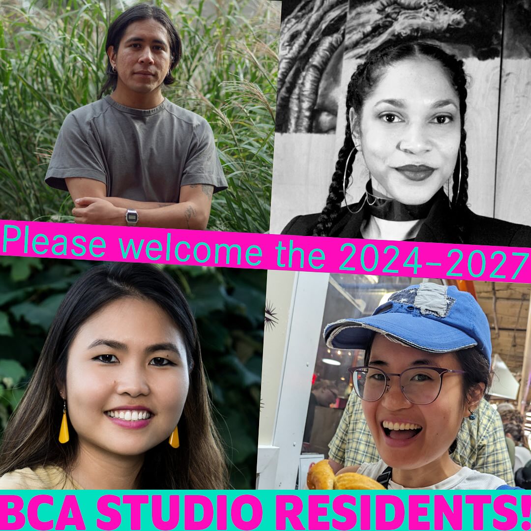 A collage of four smiling people with the text: Please welcome the 2024-2027 BCA Studio Residents! in bright pink letters across the image.