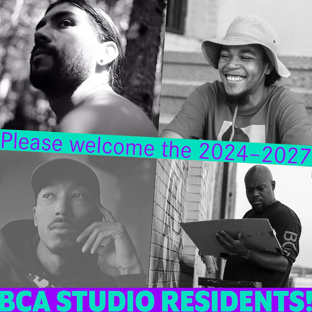 A collage of four black-and-white photos showing men with various expressions, overlaid with text: Please welcome the 2024-2027 BCA Studio Residents! in turquoise and purple.