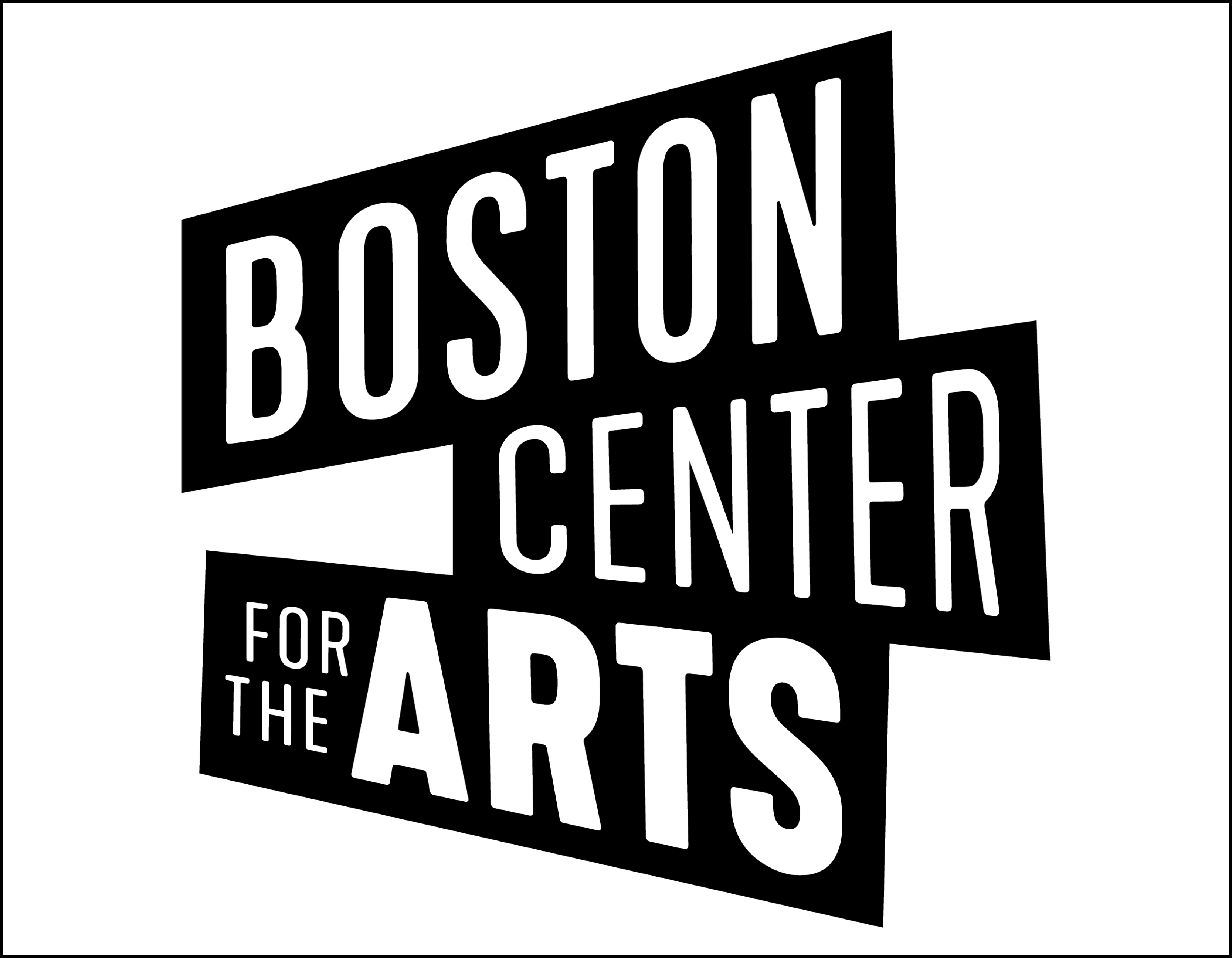 Black and white logo with bold, angled text reading Boston Center for the Arts on a white background. The words are stacked and each is set in a separate black rectangle.