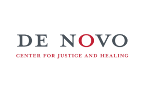 The logo features the words DE NOVO in large gray letters, with the second O in red. Below, in smaller red capital letters, it says CENTER FOR JUSTICE AND HEALING. The background is white.