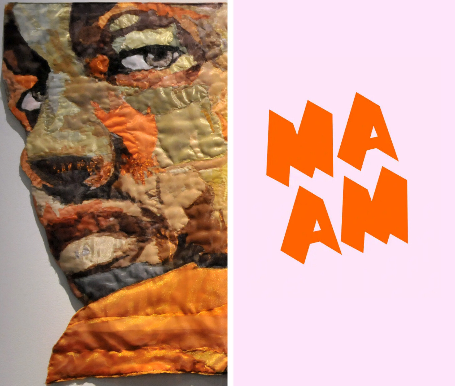 A quilted textile artwork of a person’s face is on the left. On the right, orange geometric letters spell “NAM AM” on a pale pink background.