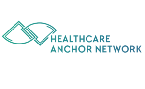 Logo of Healthcare Anchor Network. It features two interlocking, abstract green shapes on the left, with the organization’s name in blue-green capital letters to the right. The background is white.