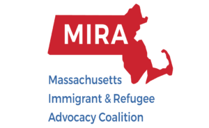 Red outline of Massachusetts with MIRA inside, above blue text reading Massachusetts Immigrant & Refugee Advocacy Coalition.