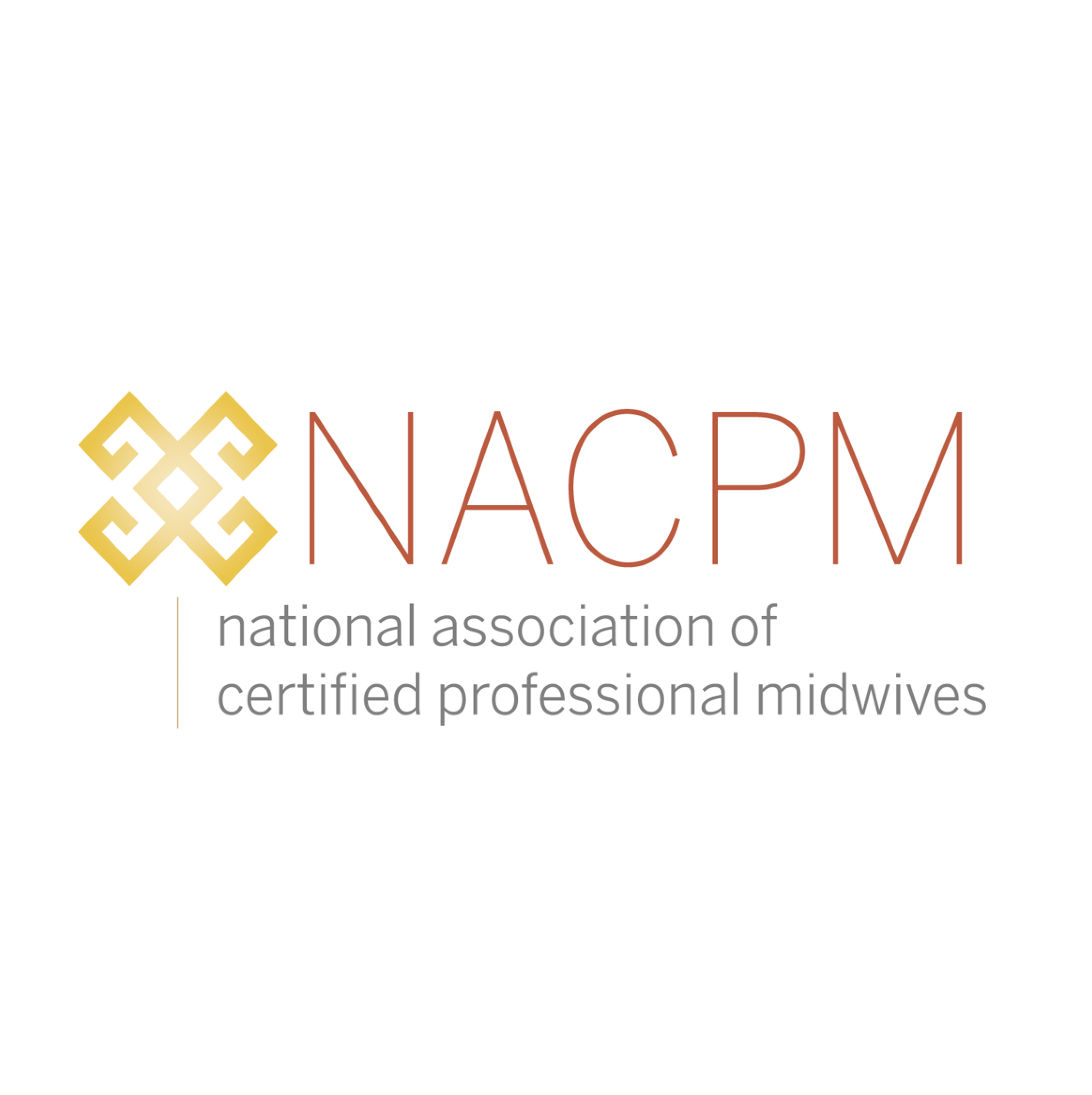 The logo for NACPM features a gold geometric symbol on the left and the text NACPM in large letters. Below, it reads national association of certified professional midwives in gray.