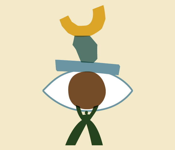 A minimalist illustration of a person holding a large brown oval in front of an eye shape, with a stylized yellow and green helmet on top. The background is light beige.