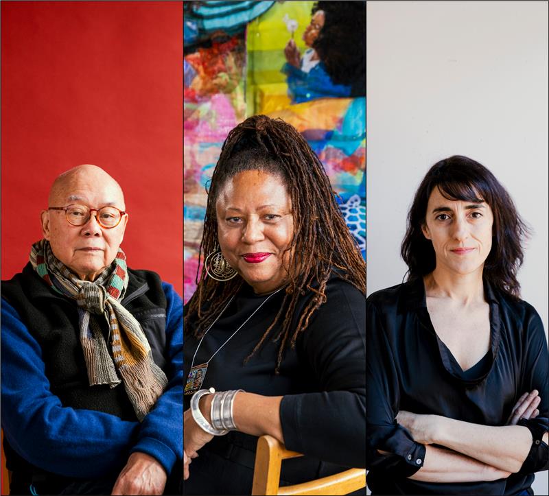 A split image showing three people: an older man with glasses and a scarf against a red background, a woman with long braids in front of colorful art, and a woman with dark hair in black clothing against a plain wall.