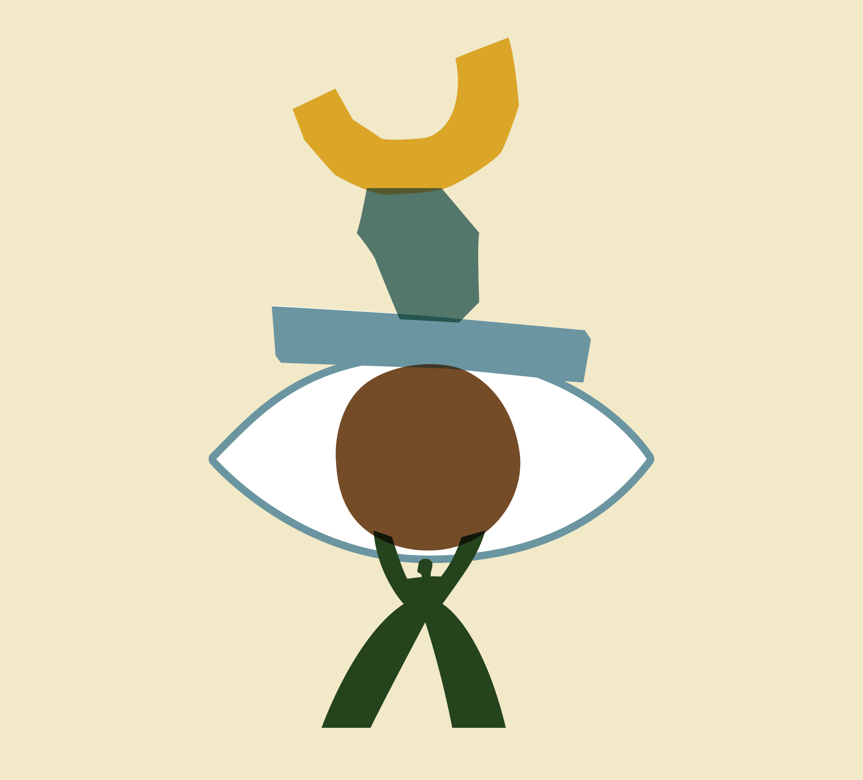Minimalist illustration of an abstract human figure with an eye-shaped body, brown oval head, green legs and arms, wearing a gold and green headdress and blue horizontal bar across the shoulders. Cream background.