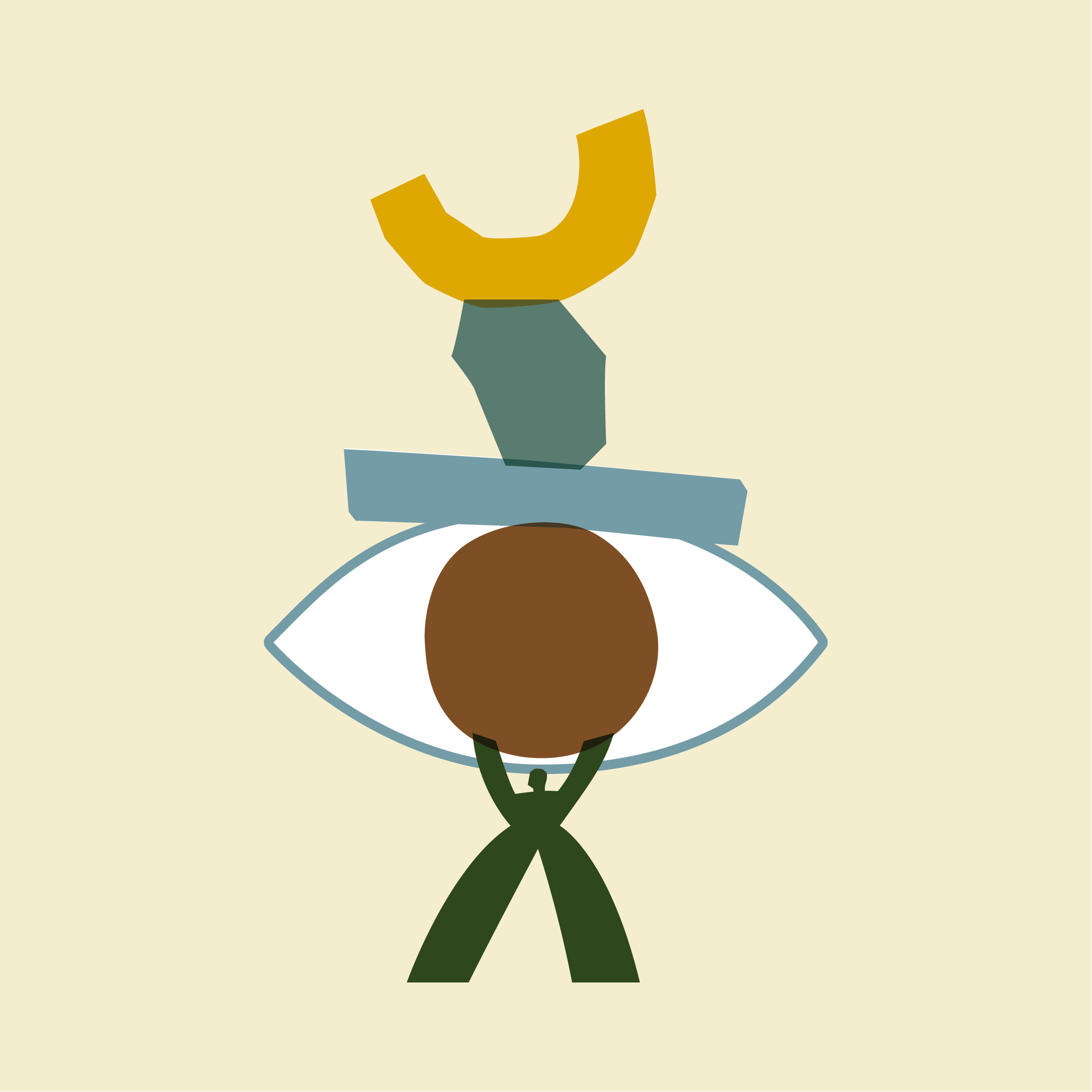 Abstract illustration featuring a stylized eye with a brown circle in the center, green legs below, and geometric shapes in green, blue, and yellow stacked above the eye on a pale background.