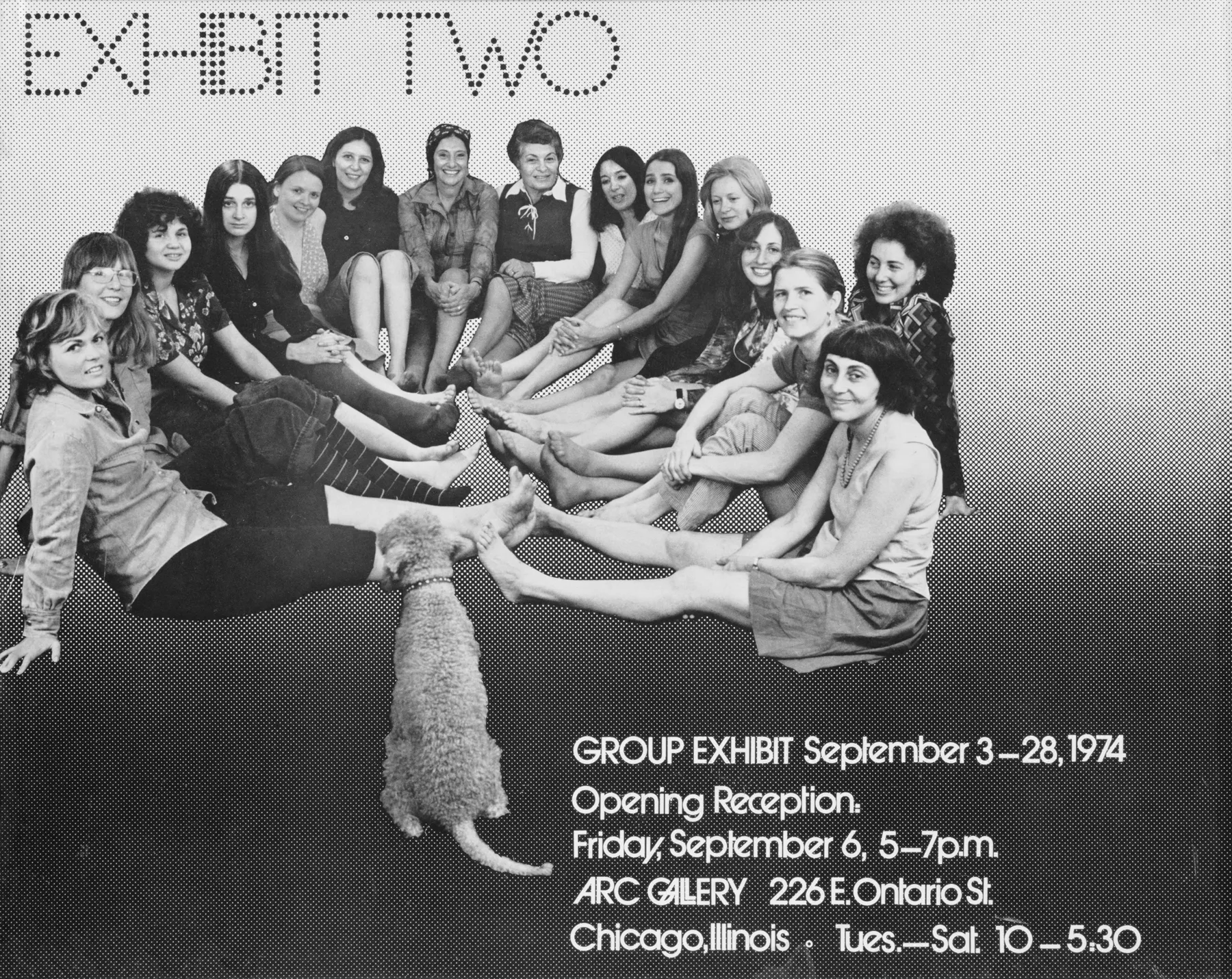 Black-and-white photo of 14 women sitting in a circle, smiling and holding hands, with a dog in the foreground. Text details an art exhibit in Chicago in September 1974 at ARC Gallery.
