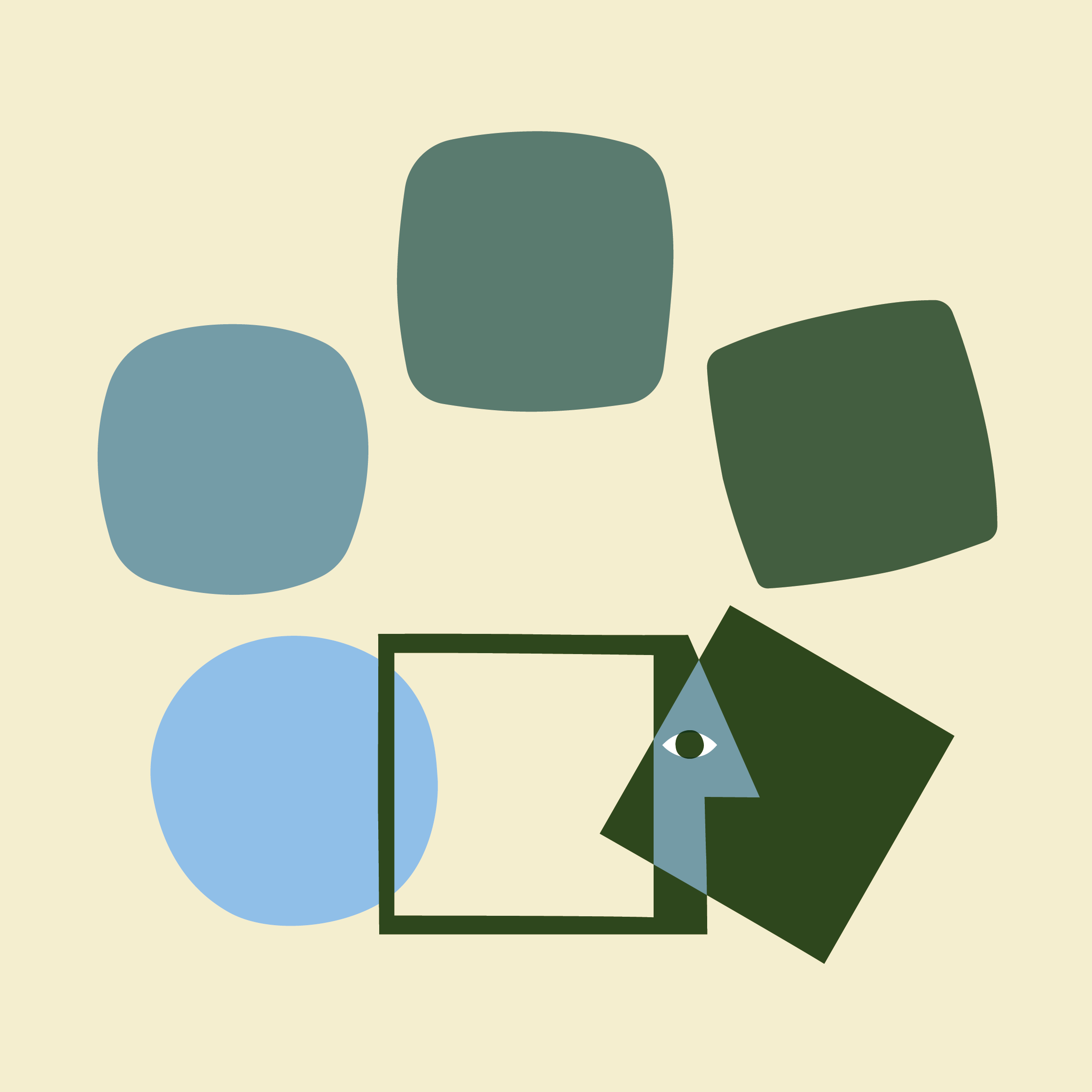 Abstract art with five rounded squares in various shades of blue and green, and one outlined square. A triangle with an eye forms a fish-like shape, overlapping a dark green square at the bottom right. Pale yellow background.