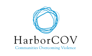 HarborCOV logo featuring a circular blue abstract design above the text “HarborCOV” in black and “Communities Overcoming Violence” in blue.
