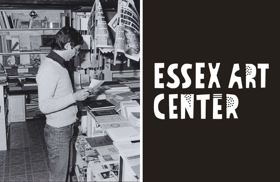 A person browses books in a bookstore on the left, while bold white text on a black background on the right reads Essex Art Center.