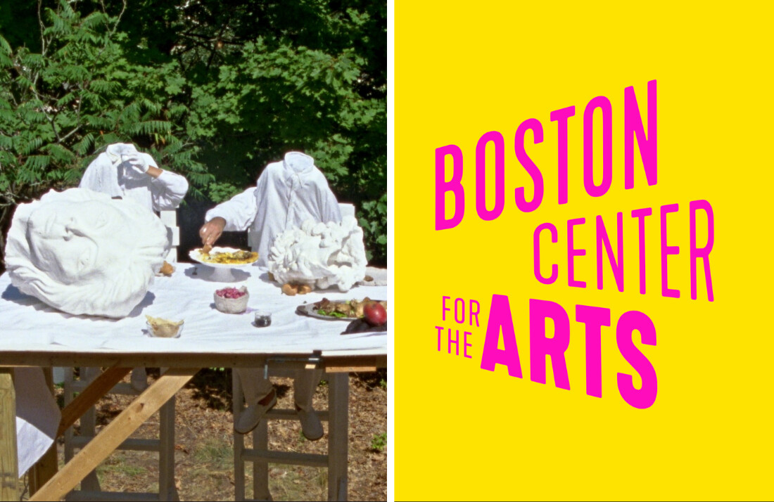 On the left, people in white costumes sit at a table outdoors with large white sculptures and food. On the right, bold pink text reads Boston Center for the Arts on a bright yellow background.