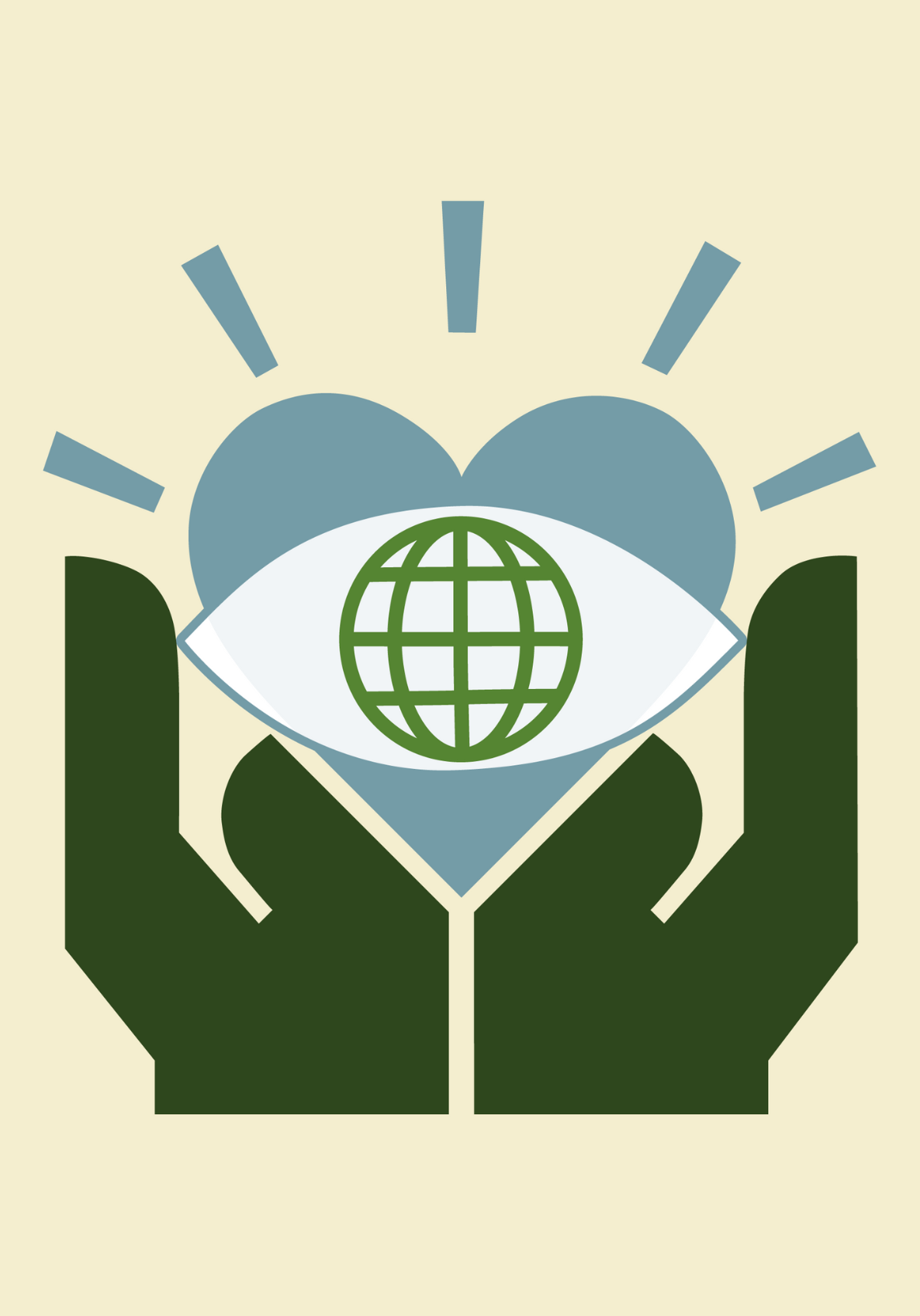 Two green hands hold a blue heart with an eye in the center; a green globe is inside the eye, and blue rays radiate outward, symbolizing global care and awareness.