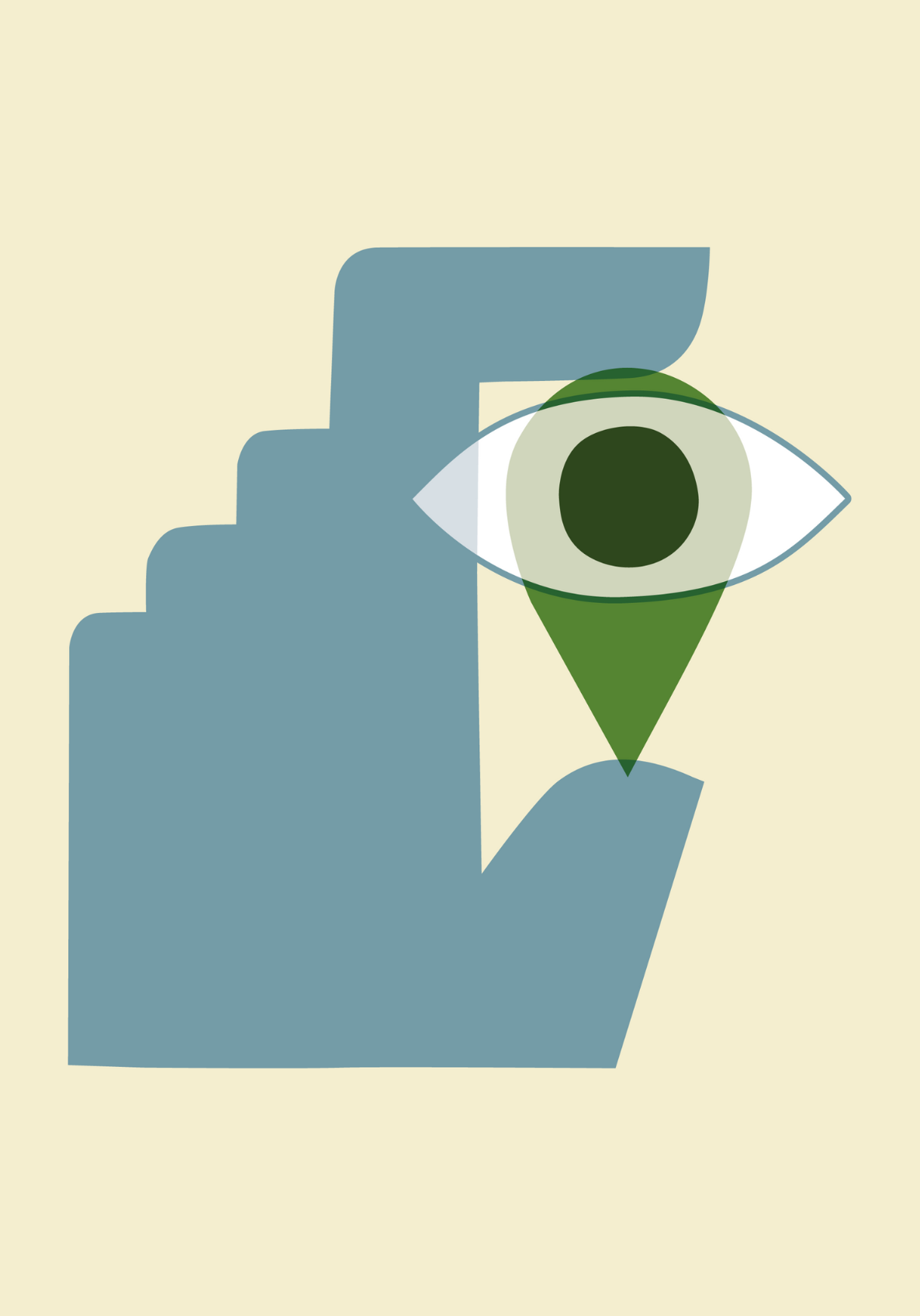 A stylized blue hand with fingers bent is shown holding a green location pin with a large eye in its center, set against a cream background.