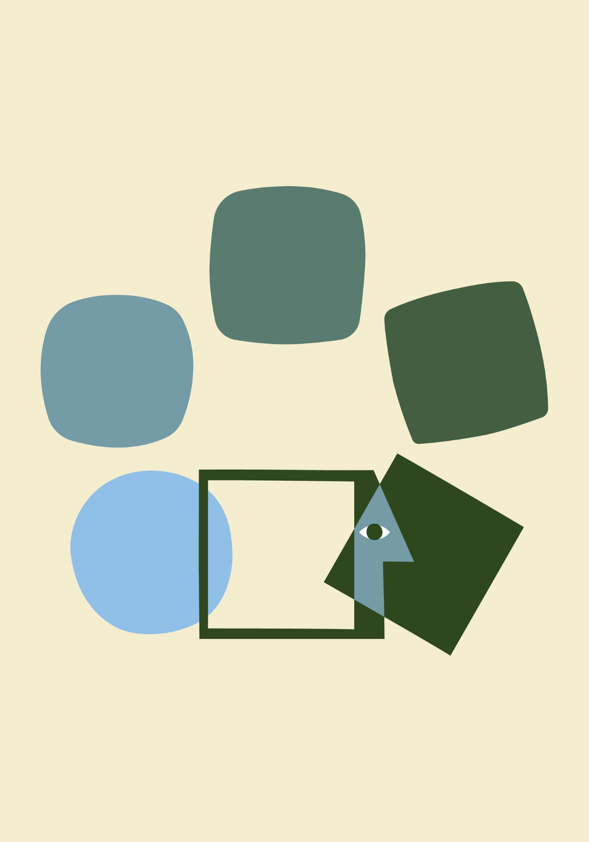 Abstract illustration of four uneven squares in green and blue tones above a geometric fish composed of a green square, triangle, and circle with an eye, all on a light beige background.