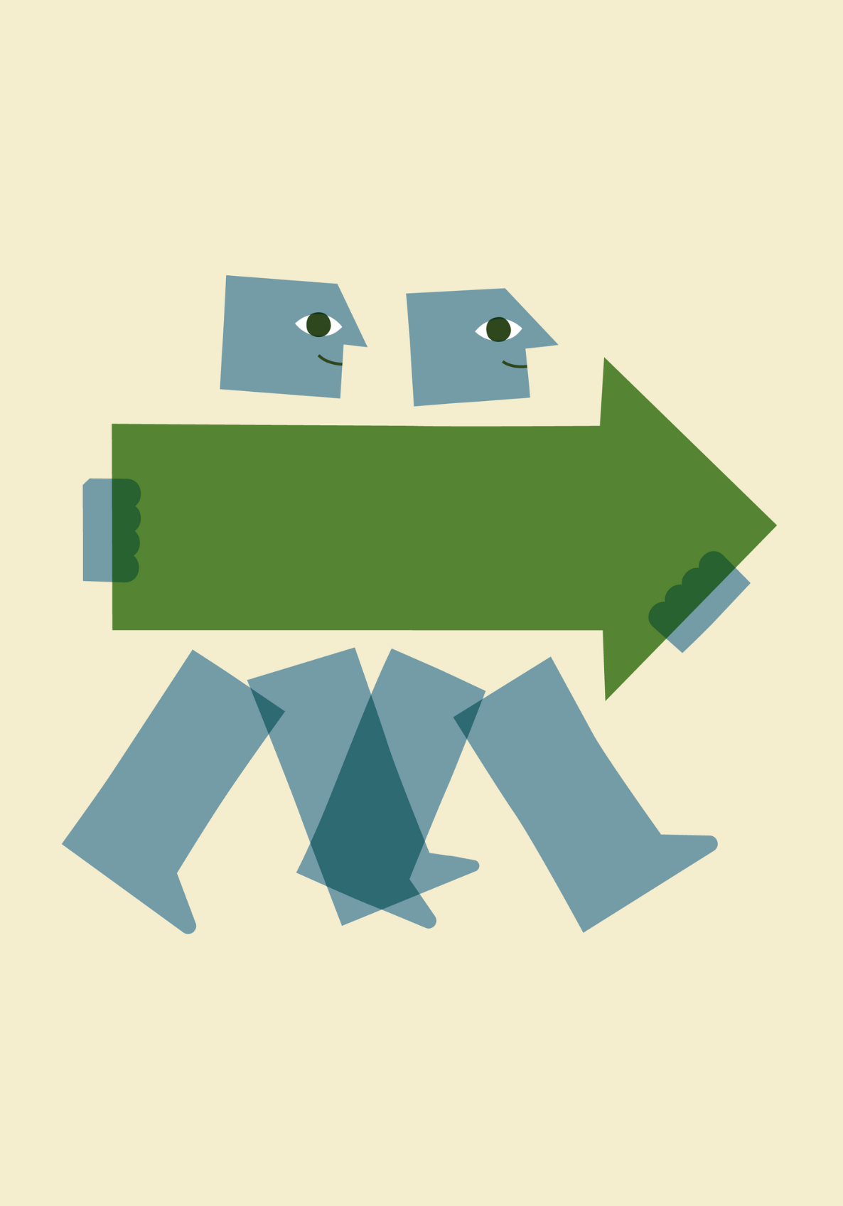 Two stylized, geometric human figures made of blue shapes walk side by side, holding a large green right-pointing arrow together. Both figures face forward with neutral expressions. The background is light beige.