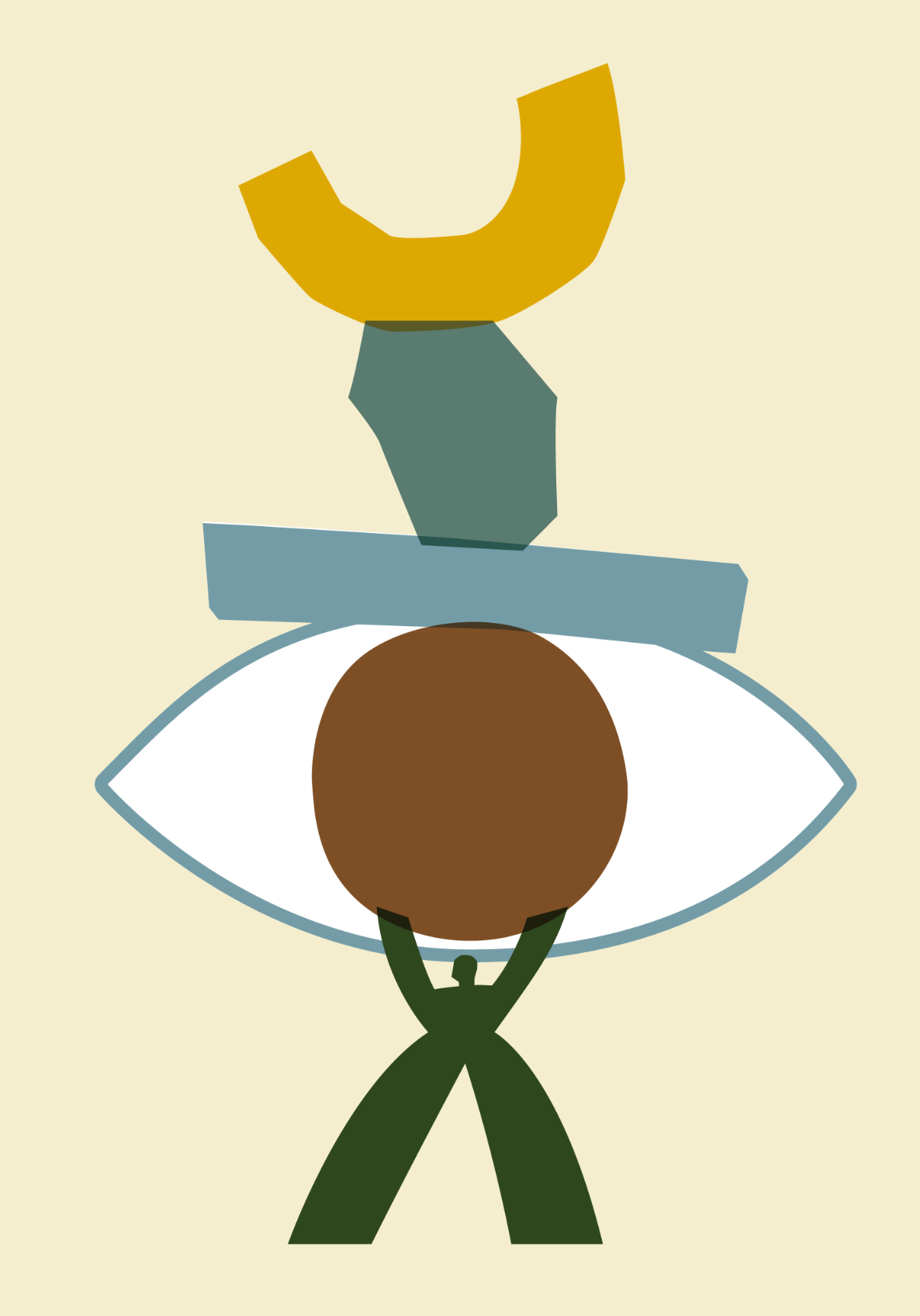 Abstract illustration featuring an eye shape with a brown circle as the iris, green and yellow geometric shapes above, and green intersecting shapes below, all on a light beige background.