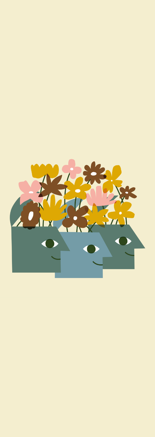 Illustration of three abstract human heads in profile, each with an open top filled with colorful flowers, symbolizing creativity, growth, or positive thoughts, on a light beige background.