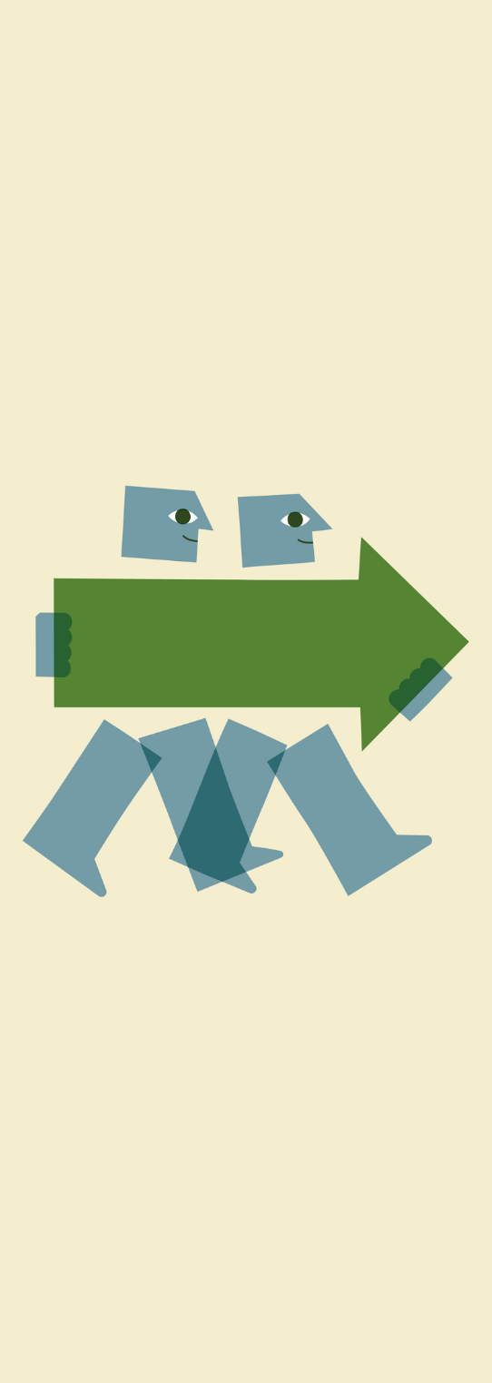 Two stylized human figures with blue skin and green eyes hold a large green arrow pointing right. Their bodies and legs are simplified, geometric shapes on a pale yellow background.