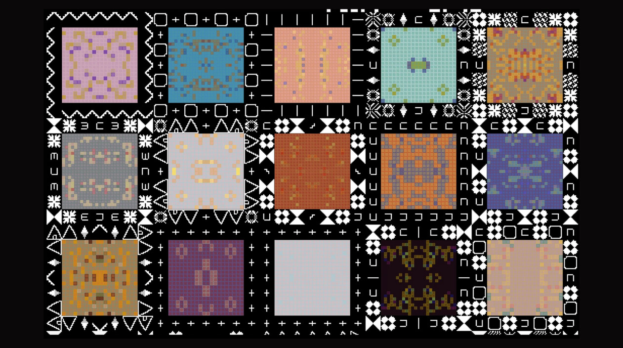 A grid of 16 squares, each with a unique pixelated pattern and color. The squares are bordered by black bands featuring white geometric and symbol-like shapes, creating a patchwork effect.