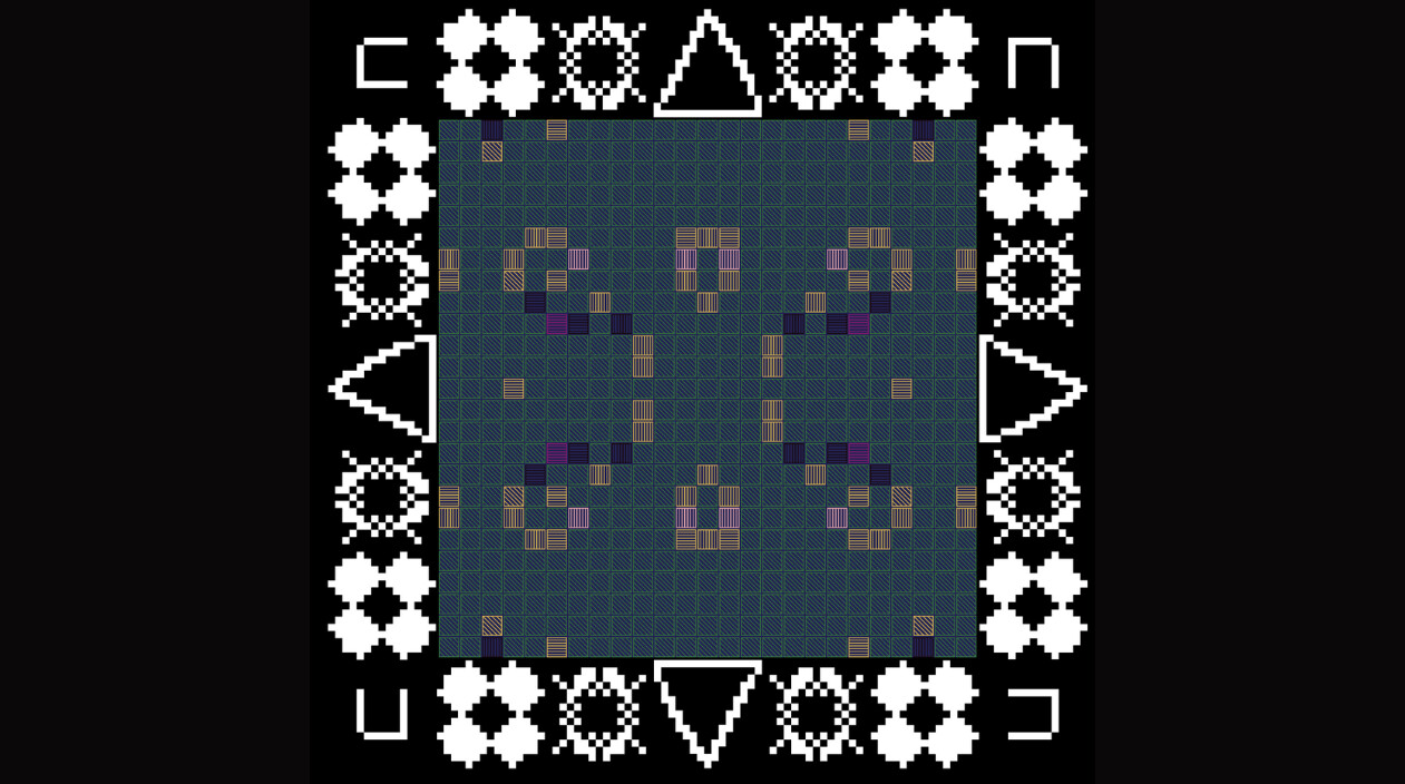 A symmetric, pixel art-style pattern with a blue-green grid center, geometric shapes in purple and beige, and a white floral and triangular border on a black background. The design resembles a decorative textile or tapestry.