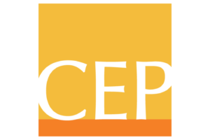 A yellow square with the white letters CEP prominently displayed. The bottom of the square features a horizontal orange stripe.
