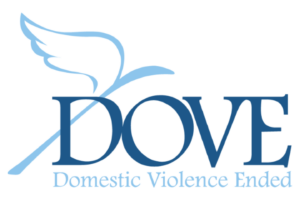 Logo for DOVE (Domestic Violence Ended) featuring a light blue dove wing above the word DOVE in large blue letters, with Domestic Violence Ended written below in smaller, lighter blue text.