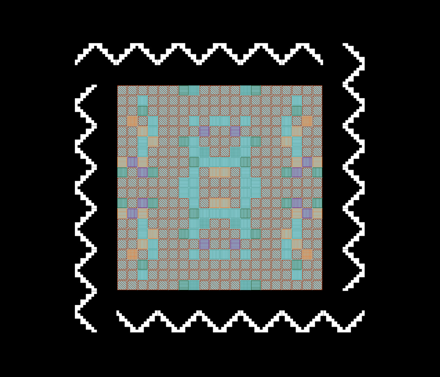 A geometric, pixel art-style pattern with aqua, orange, and purple shapes forming a symmetrical design, surrounded by a black border and white zigzag lines on all four sides.