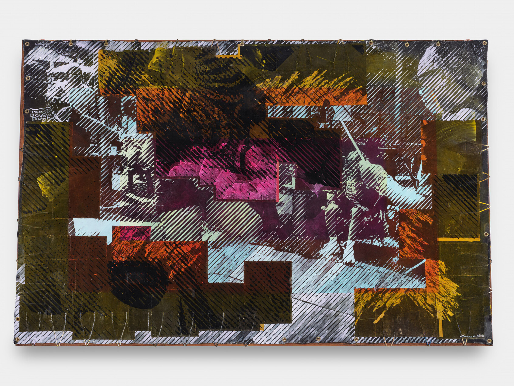 Abstract artwork featuring overlapping rectangles in earthy tones of brown, yellow, black, and magenta, with diagonal white lines and textured patterns layered over a partially visible background image.