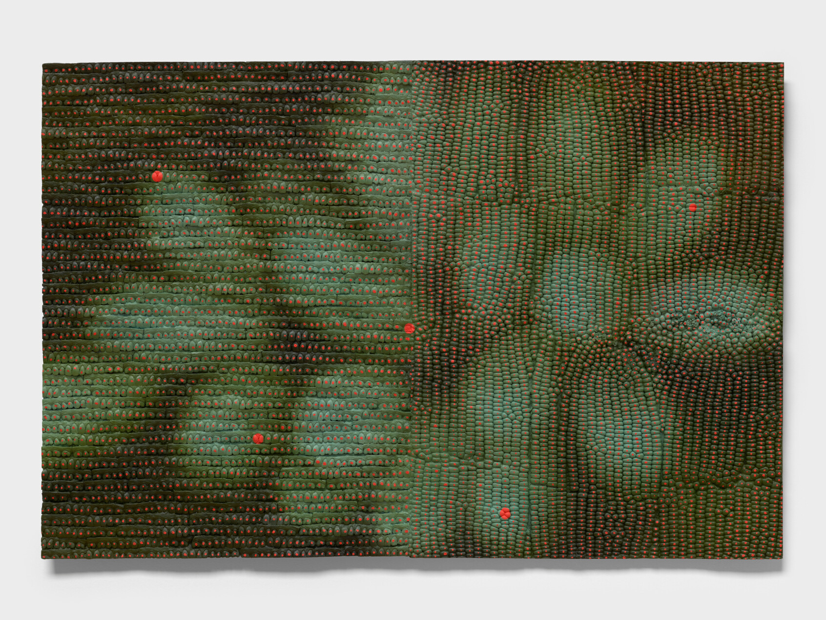 A rectangular abstract artwork with a grid of small, raised green and orange dots, blended with cloudy green areas and six bright red dots scattered across the surface. The background is predominantly dark.