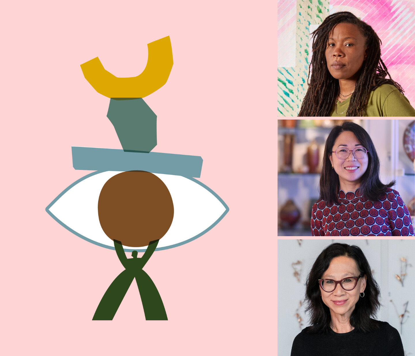 A collage with a central abstract geometric figure resembling an eye on a pink background, and three portraits of women—one with long braids, one with glasses in a red patterned top, and one with glasses in black—on the right side.
