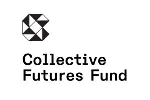 Black geometric logo resembling abstract shapes is positioned above the bold black text Collective Futures Fund on a white background.