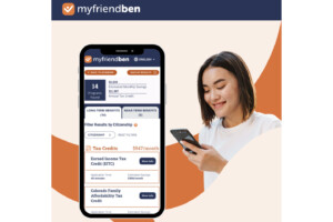 A woman smiles while looking at her phone. In the foreground, a smartphone displays the myfriendben app, showing estimated savings, tax credits, and benefit eligibility results. The myfriendben logo is visible at the top.