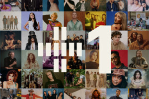 A collage of various musicians and artists with a large white number 1 and a vertical bar graphic in the center, suggesting a music-related theme or chart ranking.