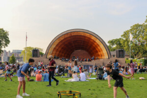 People relax and play games on a grassy lawn in front of an outdoor band shell, where musicians are performing. The scene is lively with families, friends, and bubbles floating in the air.