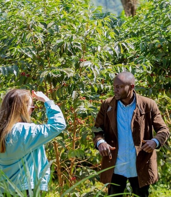 A group of people stands near lush green bushes; one man in a brown jacket appears to guide or explain something. A white sign with text is partially visible among the greenery.